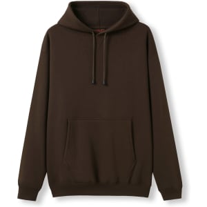 A brown kangaroo pocket hoodie featuring a hood and ribbed cuffs, with a logo present.