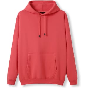 A coral hoodie featuring a kangaroo pocket and a front drawstring hood. It includes a logo on the garment.