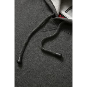 A grey men's hoodie featuring a kangaroo pocket and drawstring closure with black tips.