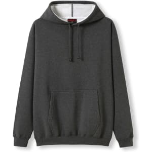 A grey men's hoodie featuring a kangaroo pocket and a hood, with a simple design and branding.
