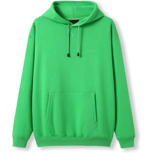 A green men's hoodie with a kangaroo pocket and a hood. It features a drawstring and has a logo.