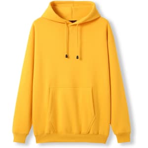 A yellow men's kangaroo pocket hoodie with a hood and drawstrings. Features one large front pocket and has a logo.