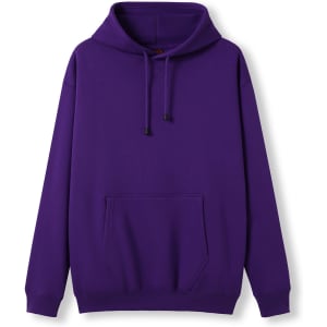 A purple men's hoodie featuring a kangaroo pocket and a drawstring hood. The hoodie has a plain design.