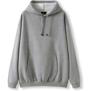 A grey kangaroo pocket hoodie with a drawstring hood and ribbed cuffs. It features a logo at the front.