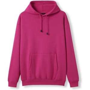 A pink men's kangaroo pocket hoodie with a hood and drawstrings, featuring a single front pocket.