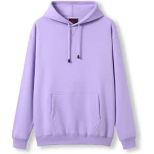 A lavender kangaroo pocket hoodie with a hood and drawstrings, featuring a logo on the front.