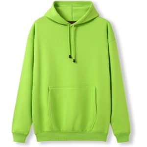 A bright green men's hoodie featuring a kangaroo pocket and a drawstring hood. It has a logo on the front.