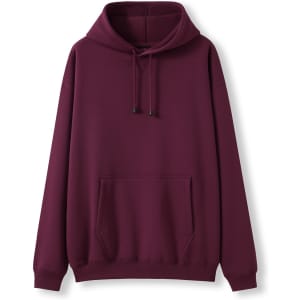 A maroon hoodie featuring a kangaroo pocket and a drawstring hood. The design includes a logo.