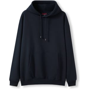 A black men's kangaroo pocket hoodie featuring a spacious front pocket and drawstring hood. It has a branded logo.