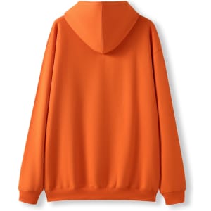 A bright orange hooded jumper with a kangaroo pocket and a plain back. It features a logo on the design.