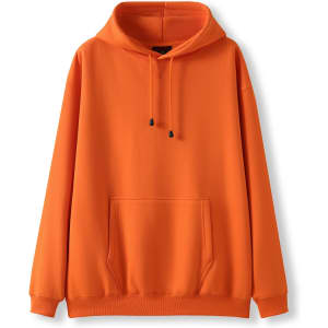 An orange men's hoodie featuring a kangaroo pocket and a drawstring hood. Includes a logo.
