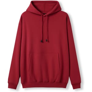 A red men's hoodie featuring a kangaroo pocket and drawstrings, with a logo present.