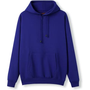 A purple men's kangaroo pocket hoodie with a drawstring hood and long sleeves. It features a front pouch pocket and has a logo.