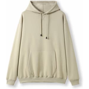 A light khaki men's hoodie featuring a kangaroo pocket and a drawstring hood, with a logo present.