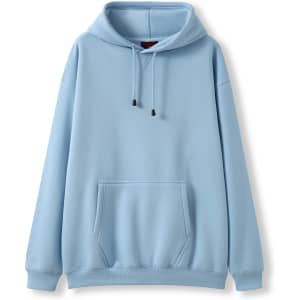 A light blue men's hoodie with a kangaroo pocket and a drawstring hood, featuring a logo.