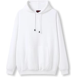 A white kangaroo pocket hoodie with a hood and drawstrings, featuring a logo.