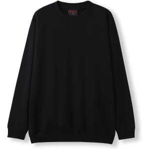 A black adult poly cotton fleece sloppy joe jumper with a crew neckline and long sleeves. Features a branding label.