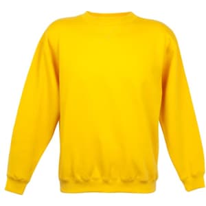 A yellow poly cotton fleece jumper with long sleeves and a crew neck, featuring a logo.