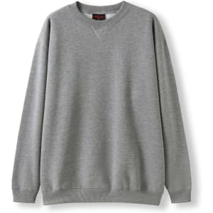 A grey poly cotton fleece jumper with a relaxed fit and ribbed cuffs. Features a logo on the label.