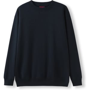 A navy blue adult poly cotton fleece sloppy joe jumper with a classic crew neck and long sleeves.