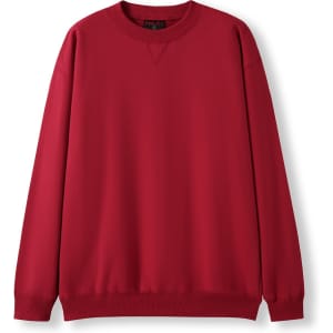 A red adult poly cotton fleece jumper with a crew neck and long sleeves, featuring a logo on the neckline.
