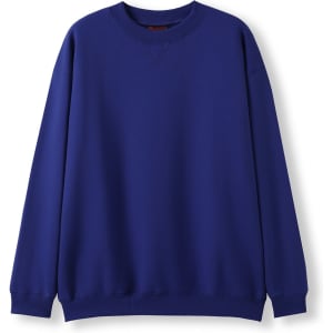 A blue adult poly cotton fleece jumper, featuring a relaxed fit and ribbed cuffs. It has a simple design with a logo.