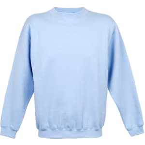 A light blue poly cotton fleece sloppy joe jumper with a round neckline and long sleeves.