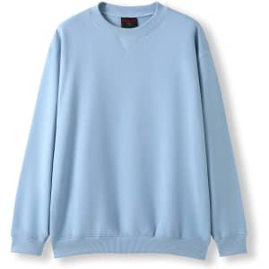 A light blue adult poly cotton fleece jumper with a crew neckline and long sleeves, featuring a logo.