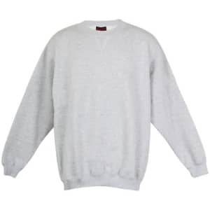 A grey poly cotton fleece jumper with a round neckline and long sleeves. It has a brand logo.