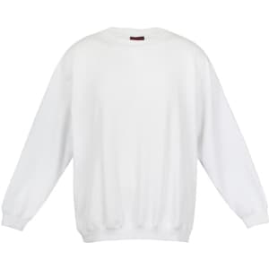 A white poly cotton fleece jumper with long sleeves and a relaxed fit, featuring a slight ribbed detail at the cuffs and hem.