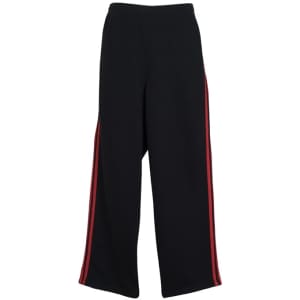 Mens striped track pants in black with red side stripes, featuring a comfortable fit and an elastic waistband.