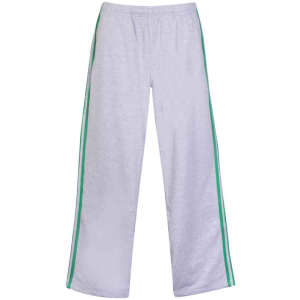 Light grey striped track pants with green side accents and an elastic waistband, featuring a logo branding.