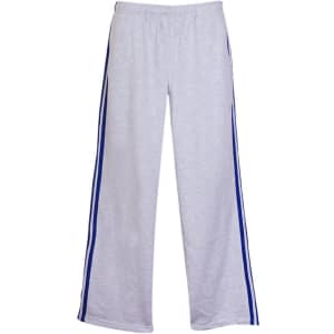Grey track pants featuring blue stripes down the sides and an elastic waistband. Includes a logo on the front.