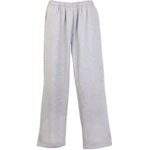 Light grey mens fleece track pants featuring an elastic waistband and a relaxed fit. The pants have side pockets and a logo.