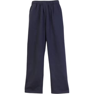 Navy fleece track pants with an elasticated waistband and a logo. Suitable for casual wear or exercise.