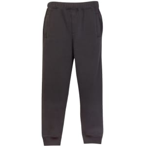A pair of dark grey track pants featuring an elastic waistband and side pockets. Includes branding.