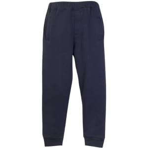 Navy junior track pants featuring an elastic waistband and side pockets, with a logo present on the design.