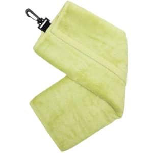A lime green bamboo golf towel featuring a plastic hook for attachment. It has a soft, textured surface.