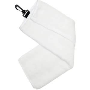 A white bamboo golf towel with a black plastic hook for easy attachment.