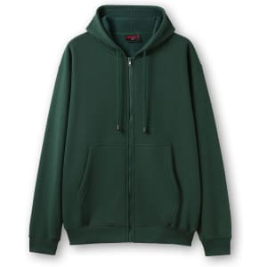 A green men's zip hoodie with a front pocket and drawstring hood. It features a logo on the chest.