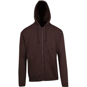 A brown men's zip hoodie featuring a front pocket and a hood, designed for comfort and warmth.