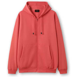 A zip hoodie in coral colour featuring a spacious front pocket and a drawstring hood. Includes branding.