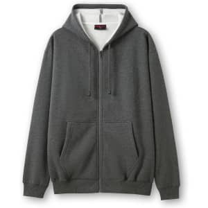 A grey zip hoodie with a front pocket and a hood, featuring a logo on the chest area.