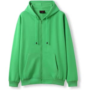 A green zip hoodie with a front pocket and drawstring hood. Features a logo on the chest.