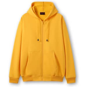 A yellow zip hoodie featuring a front pocket and a hood, with a logo on the label.
