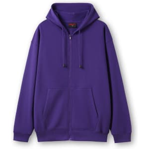 A purple zip hoodie with a pocket, featuring drawstrings and a relaxed fit. It has a logo on the label.