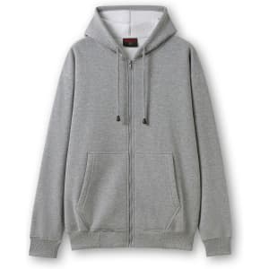 A grey zip hoodie with a front pocket and drawstring hood. It features a logo on the chest.