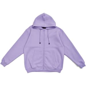 A purple zip hoodie with a front pocket and an attached hood, featuring drawstrings. It has a logo on it.