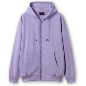 A lilac zippered hoodie with a hood and front pockets. It features a logo on the inside label.