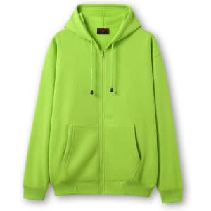 A lime green women's/juniors zipper hoodie with a front pocket and a hood. Features branding on the label.
